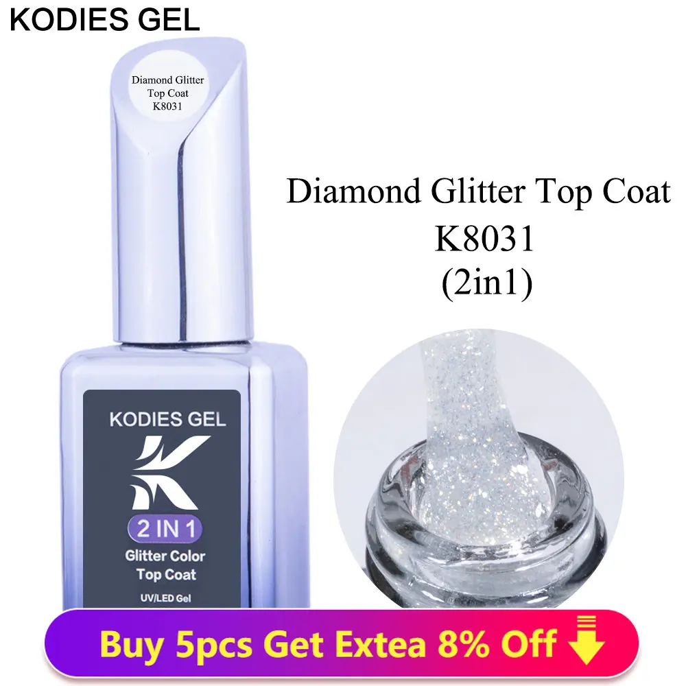 KODIES GEL Diamond Top Coat für Nagellack, 15 ml, superglänzender UV-Gel-Nagellack, Soak Off Semi Permanent Glitter Topcoat, kein Abwischen