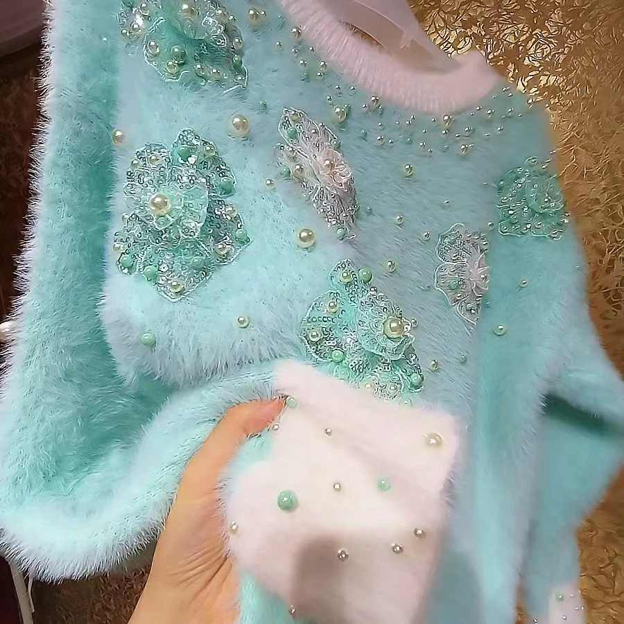 真珠で刺繍された女性用ニットプルオーバー,厚くて暖かいセーター,豪華なトップス,婦人服,2022