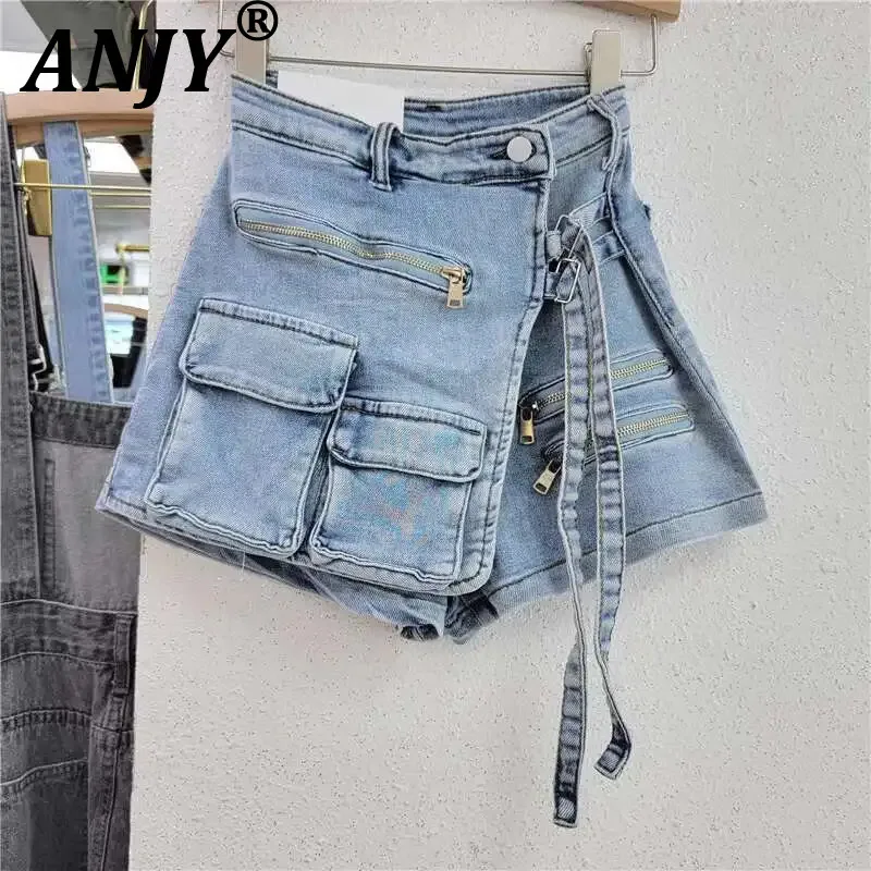 ANJY Spring Summer New Women Trend Asymmetric Multi-Pocket Design A-Line Culotte Washed Safari Style Wide Leg Denim Shorts A7718