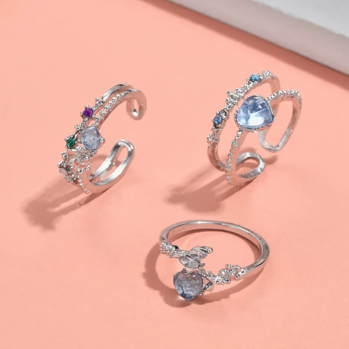 2024 Fashion Jewelry Crystal Rings Heart Adjustable Ring Irregular Geometry Punk Vintage Rings Set for Women Girls Hot Sales image 6
