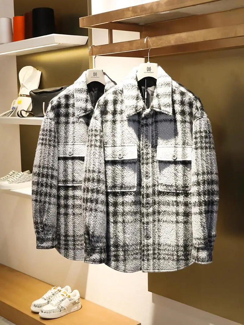 

Мужское повседневное пальто в клетку из смесовой шерсти свободного кроя, осенне-зимняя новинка, модный городской стиль 2024