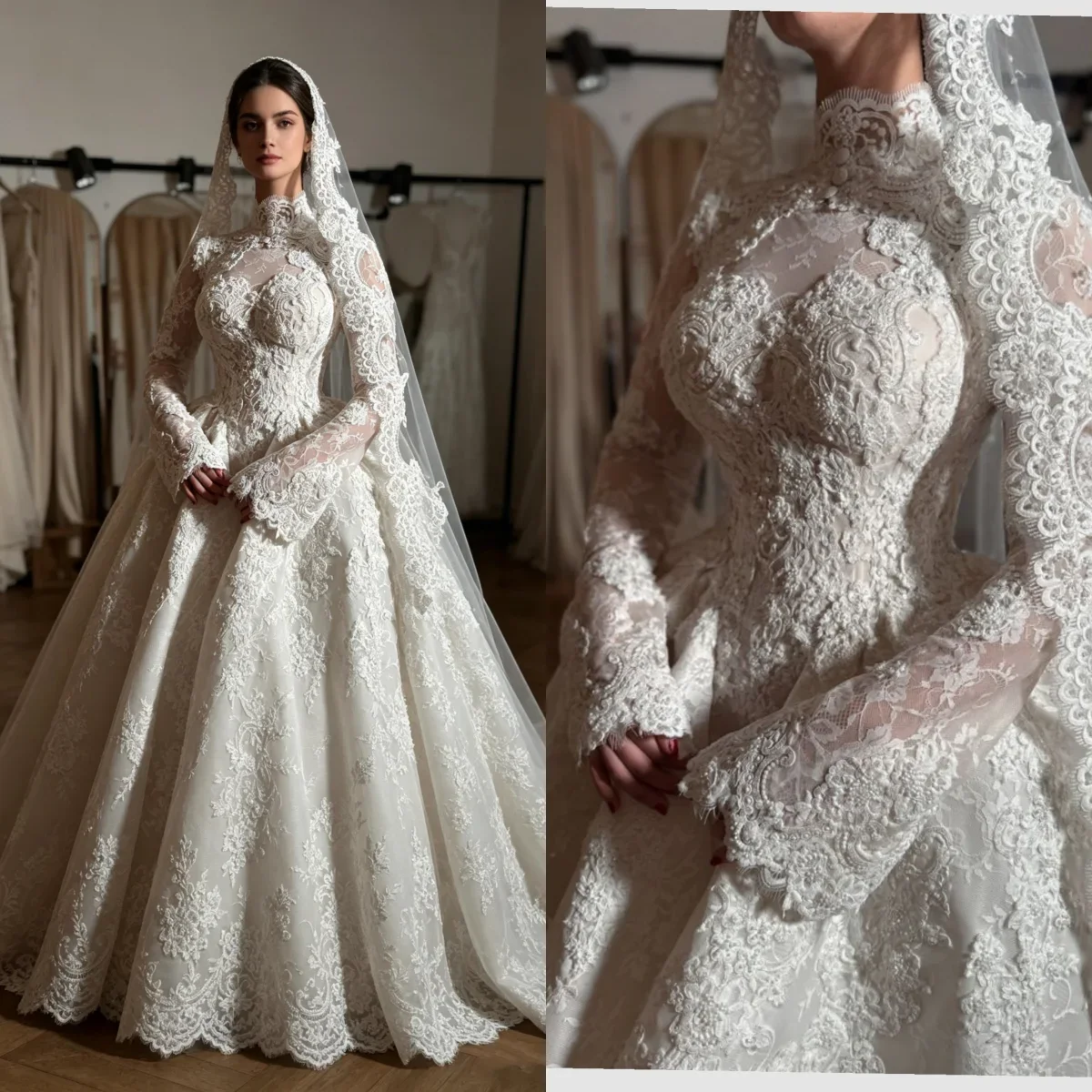 Customize Luxury High Neck Ball Gown Wedding Dress Cathedral Train Modest Long Sleeve Lace Bridal Gown Vestido De Novia