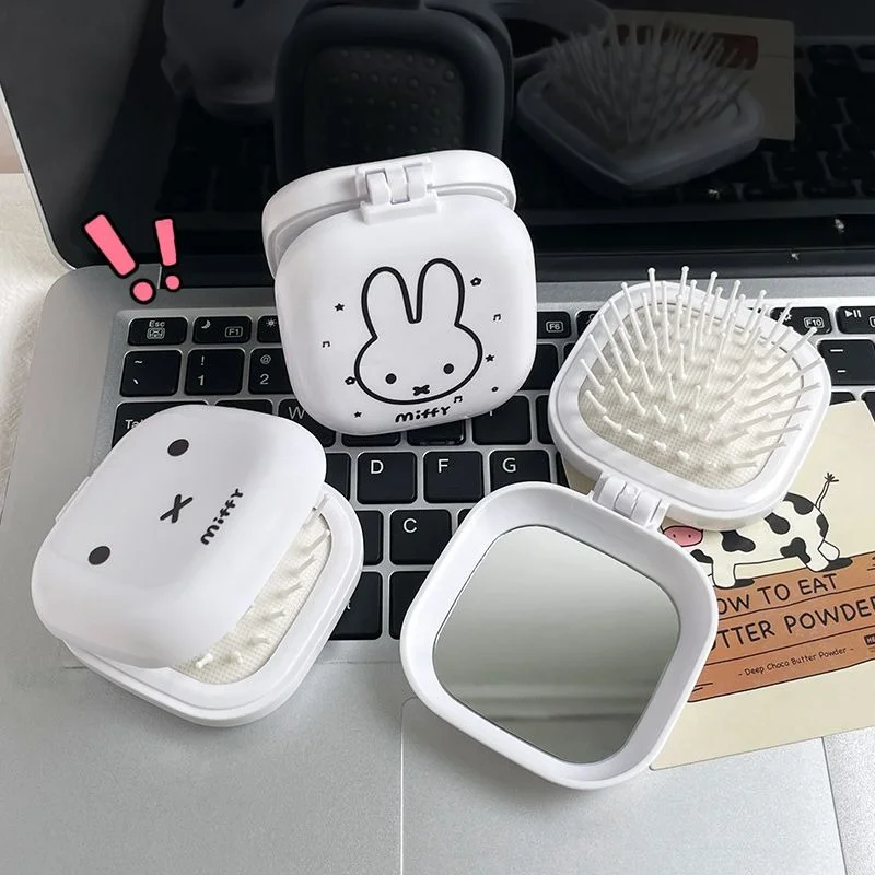 HOT Cute Miffy Rabbit Folding Airbag Comb with Mirror 2-in-1 Student Cartoon Mini Compact Portable Air Cushion Comb In Stock