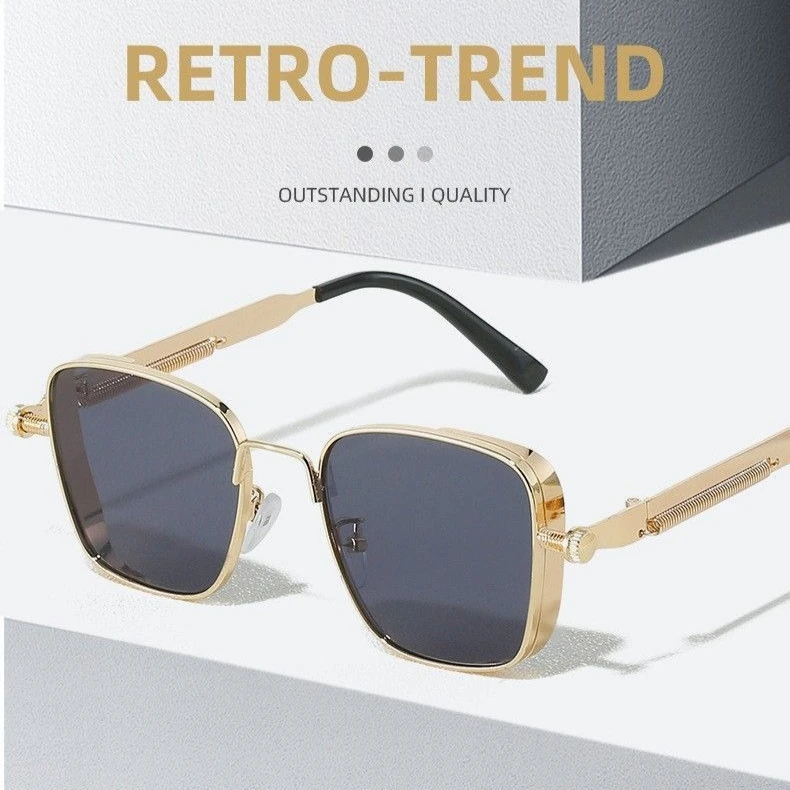 الرجال القيادة النظارات الشمسية خمر Steampunk مربع النظارات الشمسية إطار معدني مع مفصلات الربيع النساء العدسة العصرية سائق النظارات