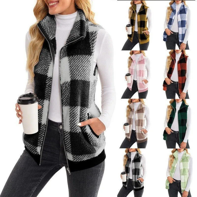 

Autumn Winter Plaid Fleece Hoodie Vest Women's Cardigan Fashion Stand Collar Simple Casual Pocket Sleeveless Female Office Coat