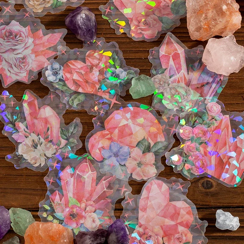 20 pcs PET stickers waterproof transparent crystal shape retro laser flowers moon handbook decoration material stickers 6 styles