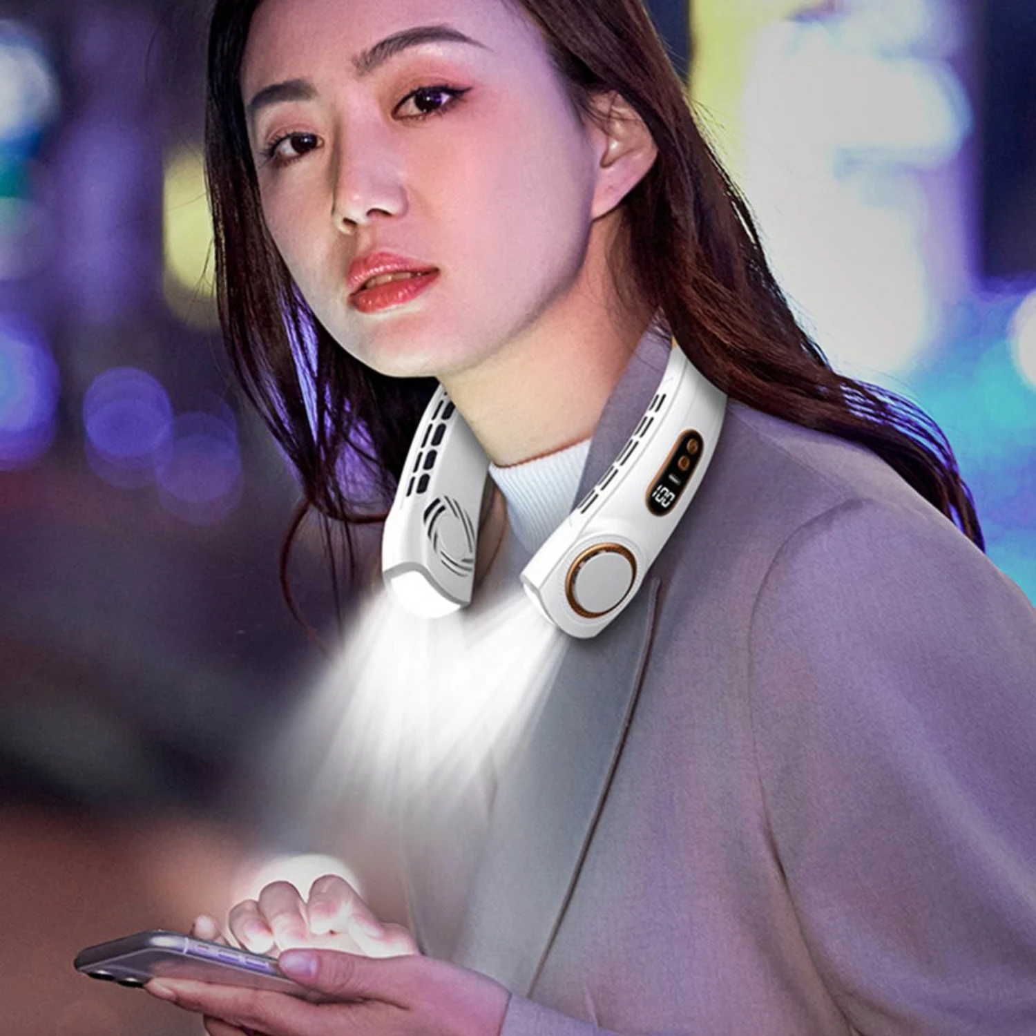 Портативный шейный вентилятор, перезаряжаемый через USB вентилятор с шейным ремешком без помощи рук, 5 скоростей, регулируемый с красочным окружающим освещением