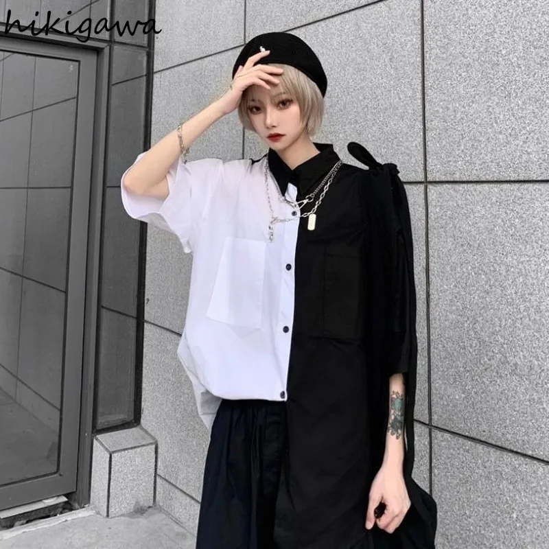 Hikigawa Blouses Women Summer Korean Harajuku BF Vintage Shirts Patchwork Loose Short Sleeve Blouse Streetwear Chic Blusas Mujer