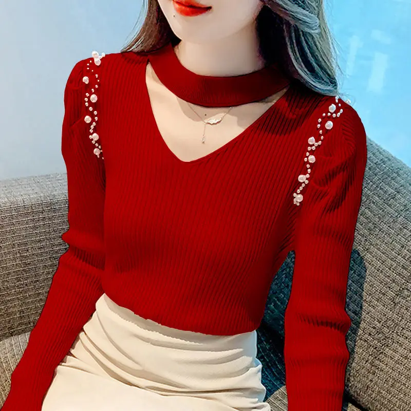 Fashion Spliced Folds Beading Puff Sleeve Blouses Women\'s Clothing 2023 Autumn Winter Loose All-match Tops Knitted Office Lady