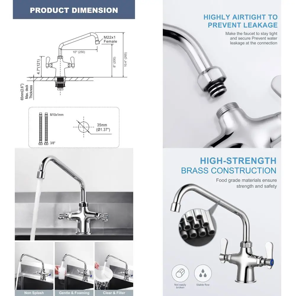 

10 Deck Mount Dual Handle Hot/Cold Kitchen Faucet with Brass Construction and Chrome Finish
