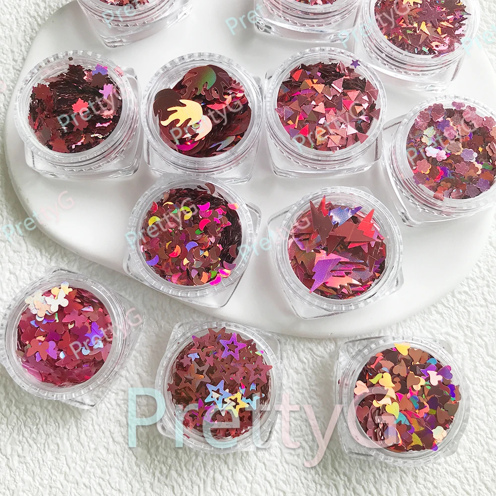 PrettyG 1 Juego de caja de 12 colores, purpurina holográfica Dk.red, forma de lentejuelas rosa, purpurina para uñas para resina, decoración artística de uñas DIY