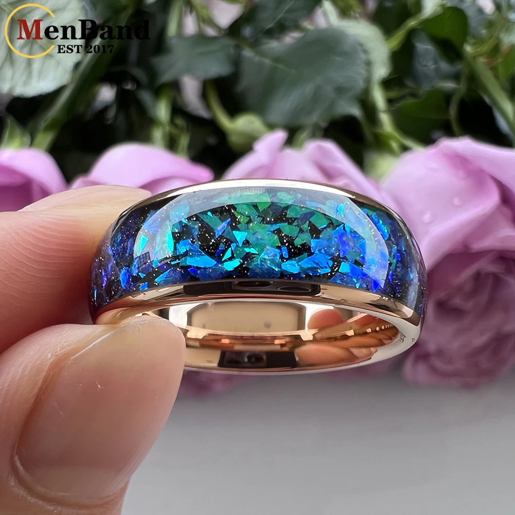 MenBand Fashion New Arrivals 8MM Tungsten Wedding Band Ring Middle Groove Inlaid With Blue Opal Domed Polished Comfort Fit