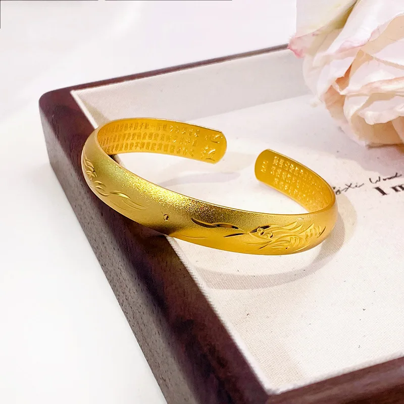 2026 Women's Dragon Phoenix Heart Sutra Cuff Bangle Chinese Trend Ethnic Style Copper Gold Plated High Color Retention Jewelry