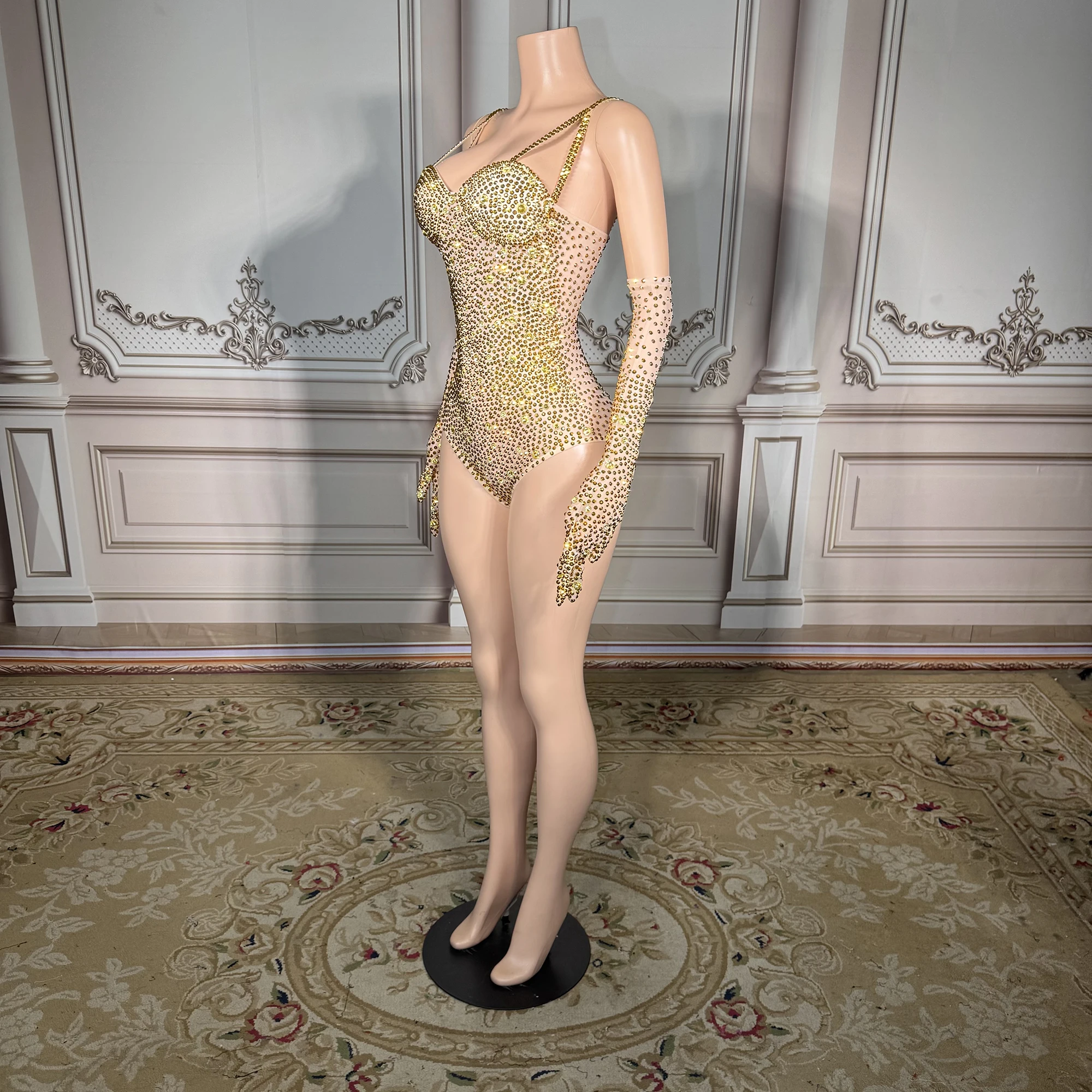 ZD 도매 의류 2024 투명 섹시 바디수트 라인스톤 여성 민소매 바디수트 (장갑 포함)