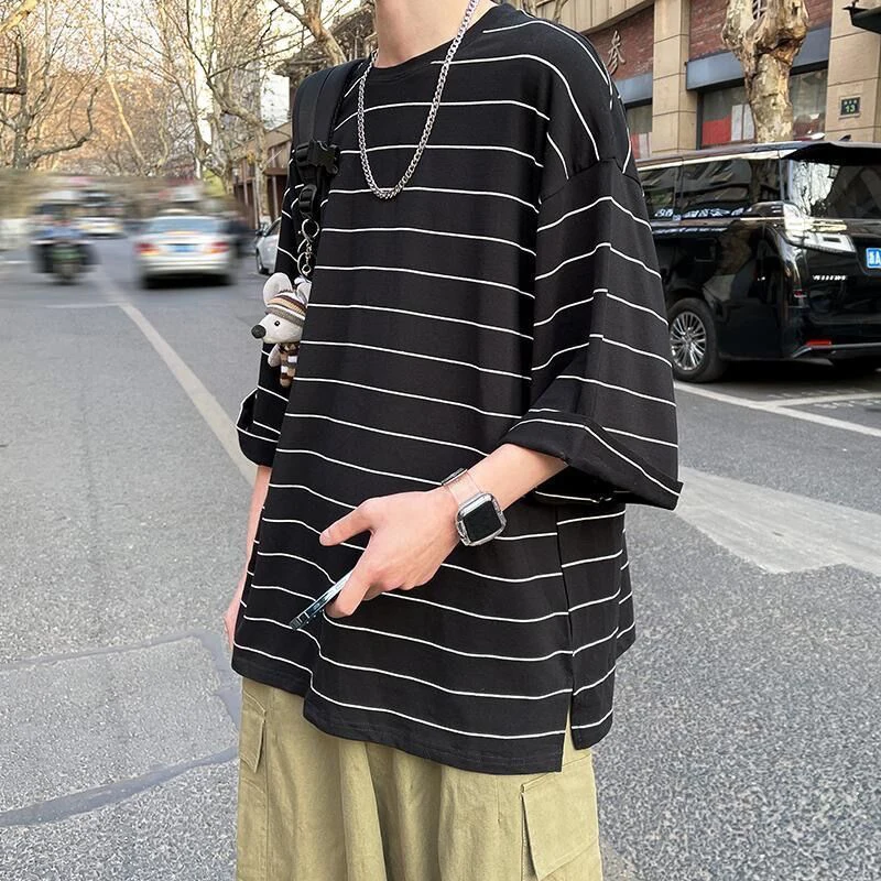 Black White Striped Print Short Sleeve Men T Shirts 2022 Summer New Casual Fashion Split Fork 2xl Oversized Punk Couple Clothes