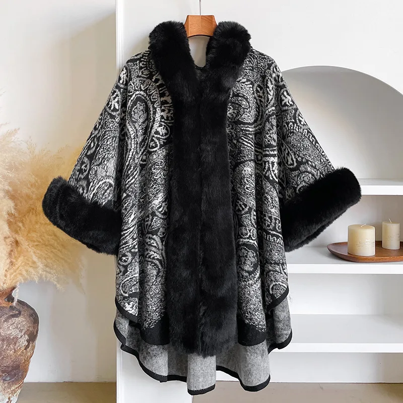 شتاء جديد بيزلي الجاكار المعطف شال المرأة الدافئة هامش تقليم البلوز كيب مقنعين حجم كبير ملابس خارجية غير رسمية #2