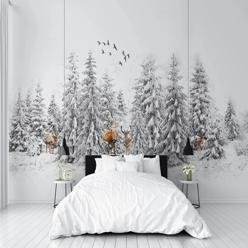 Photo Wallpaper Nordic Modern Black White Elk Forest Mural Living Room Bedroom Backdrop Decor Beautiful Scenery  Papel De Parede