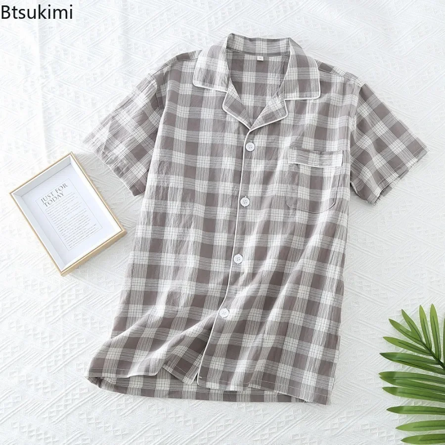 2024 Men\'s Casual Cotton Short Sleeved Sleep Tops 100% Cotton Gauze Crepe Pajamas Large Size Loose Home Service Female Homewear