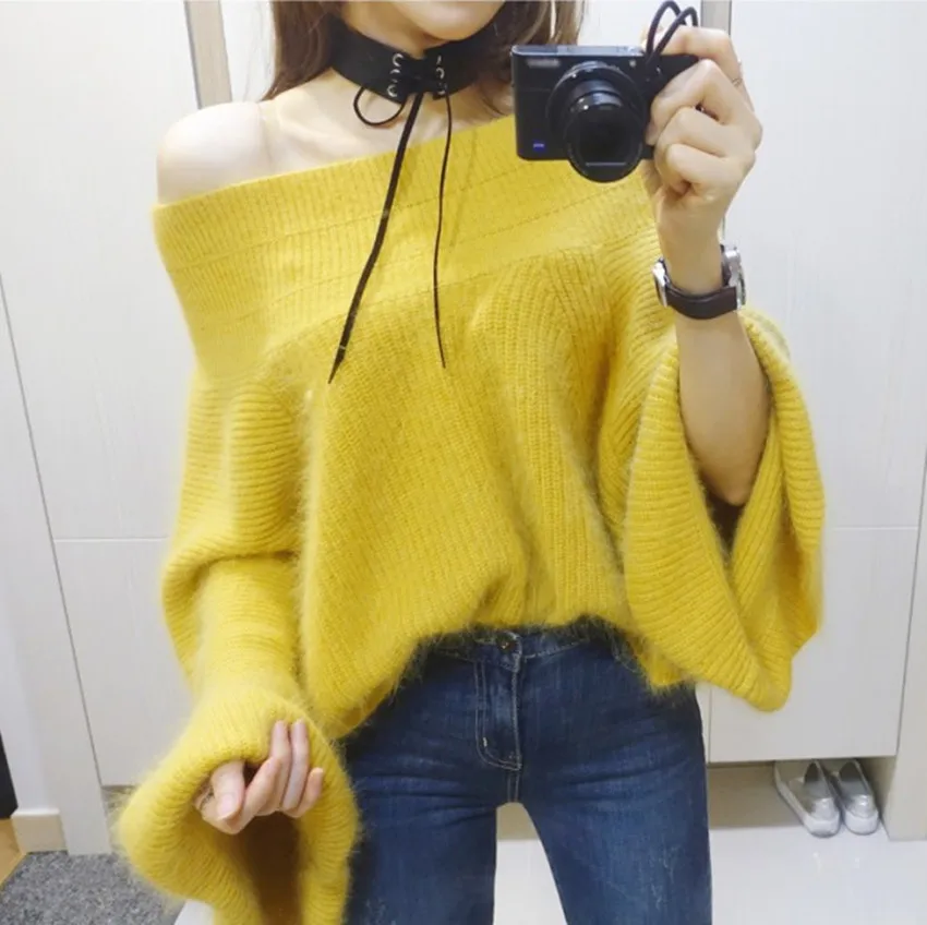 2023 Korean Sexy Off Shoulder Mink Cashmere Yellow Sweater New Autumn Winter Women Slash Neck Soft Mohair Knitted Loose Pullover