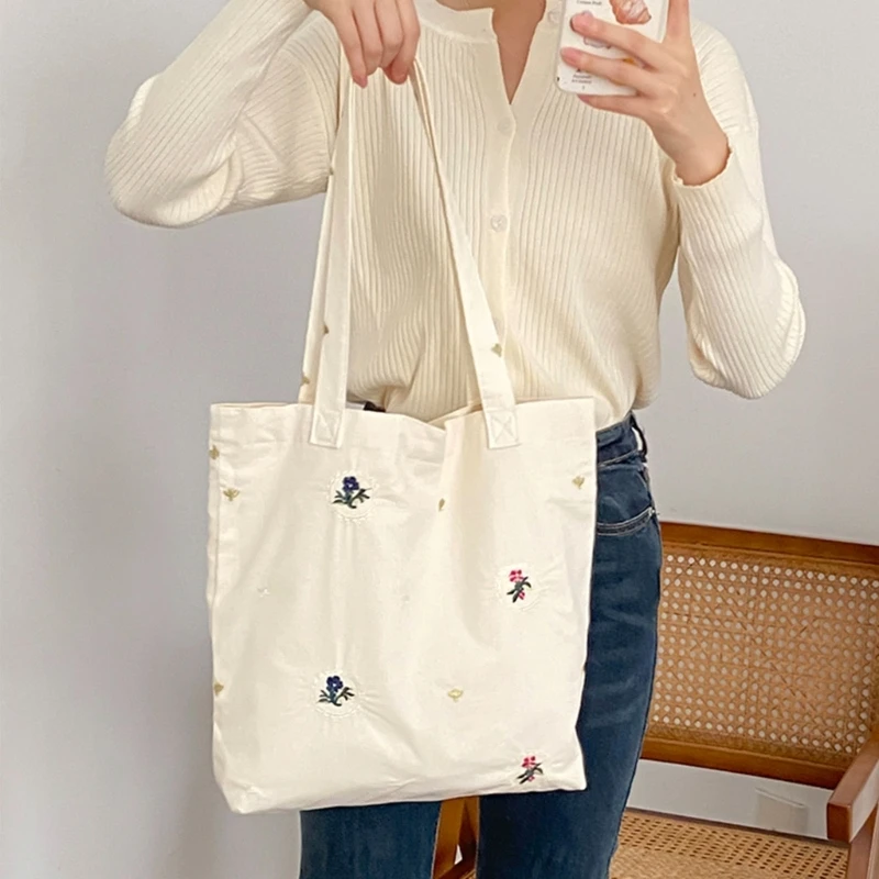 New 2023 Tote Bag Romantic Flowers Embroidery Shoulder Bag Women Soft Canvas Bags Ladies Handbags Woman Shopper Bag Bolso Mujer