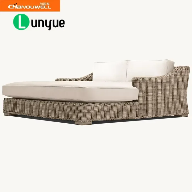 Modern Aluminum Frame Rattan Double Sunbed Waterproof Durable Outdoor Furniture for Hotel Fitness Garden Patio Lounge Set