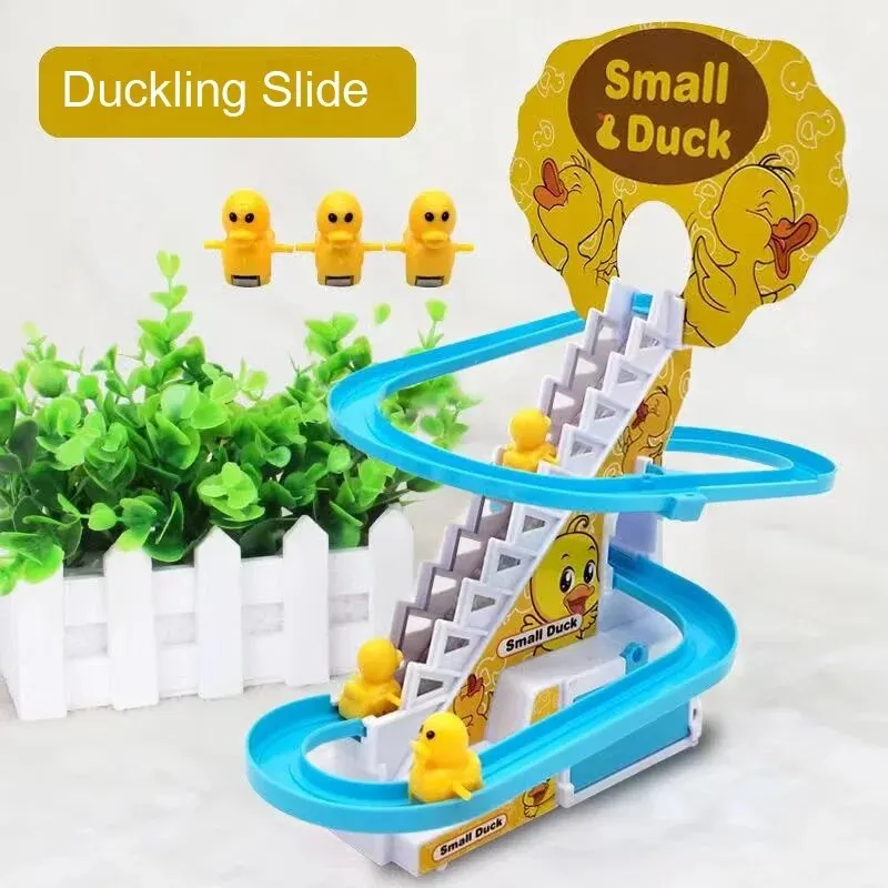 DIY Rail Racing Track Electric Small Duck Climbing Stairs Toy Pig Action Figures Toys Music Roller Coaster Toy For Kids Gift