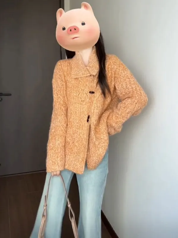 

Trendy Lazy Sle Unique Knitted Sweater with Button up Collar Twist Design Small Size Faionable Spring Street Sle Women'...