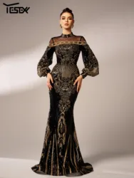 Yesexy Round Neck Geometric Lantern Sleeves Sequin Mermaid Evening Gown Wedding Birthday Party Formal Occasion Cocktail Dresses