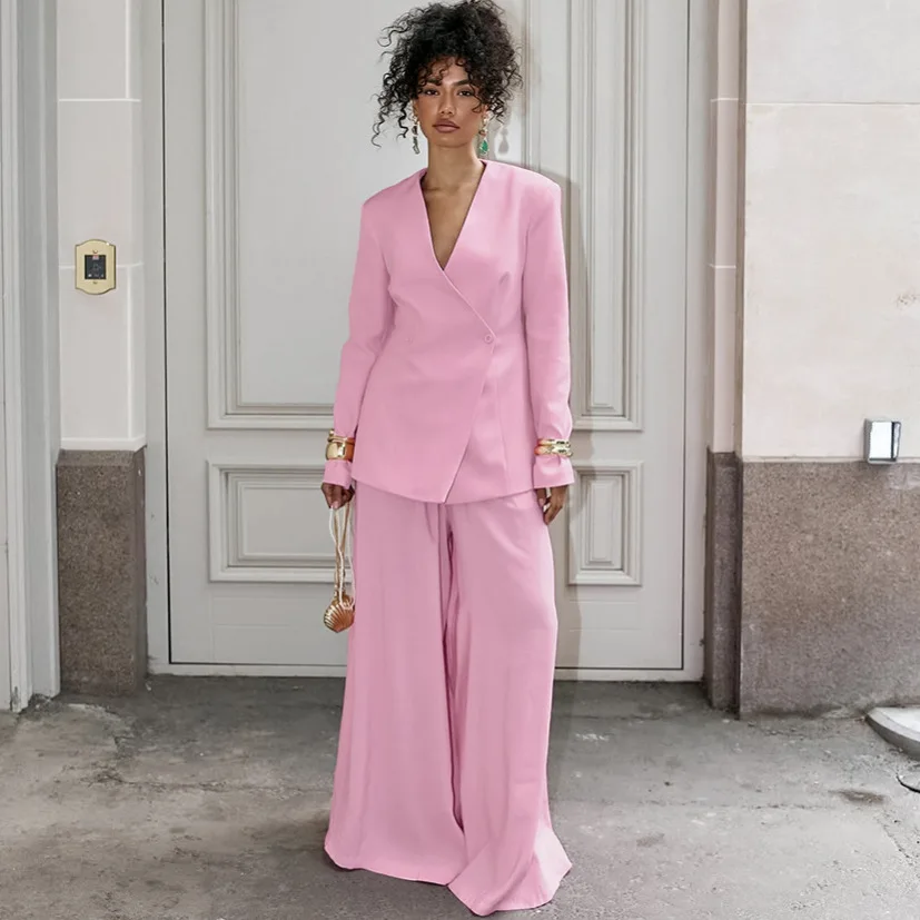 

Stylish Autumn Women 2 Piece Outfit Pink V-Neck Button Patchwork Oversized Jakcet For Lady High Waist Female Wide-Leg Trousers