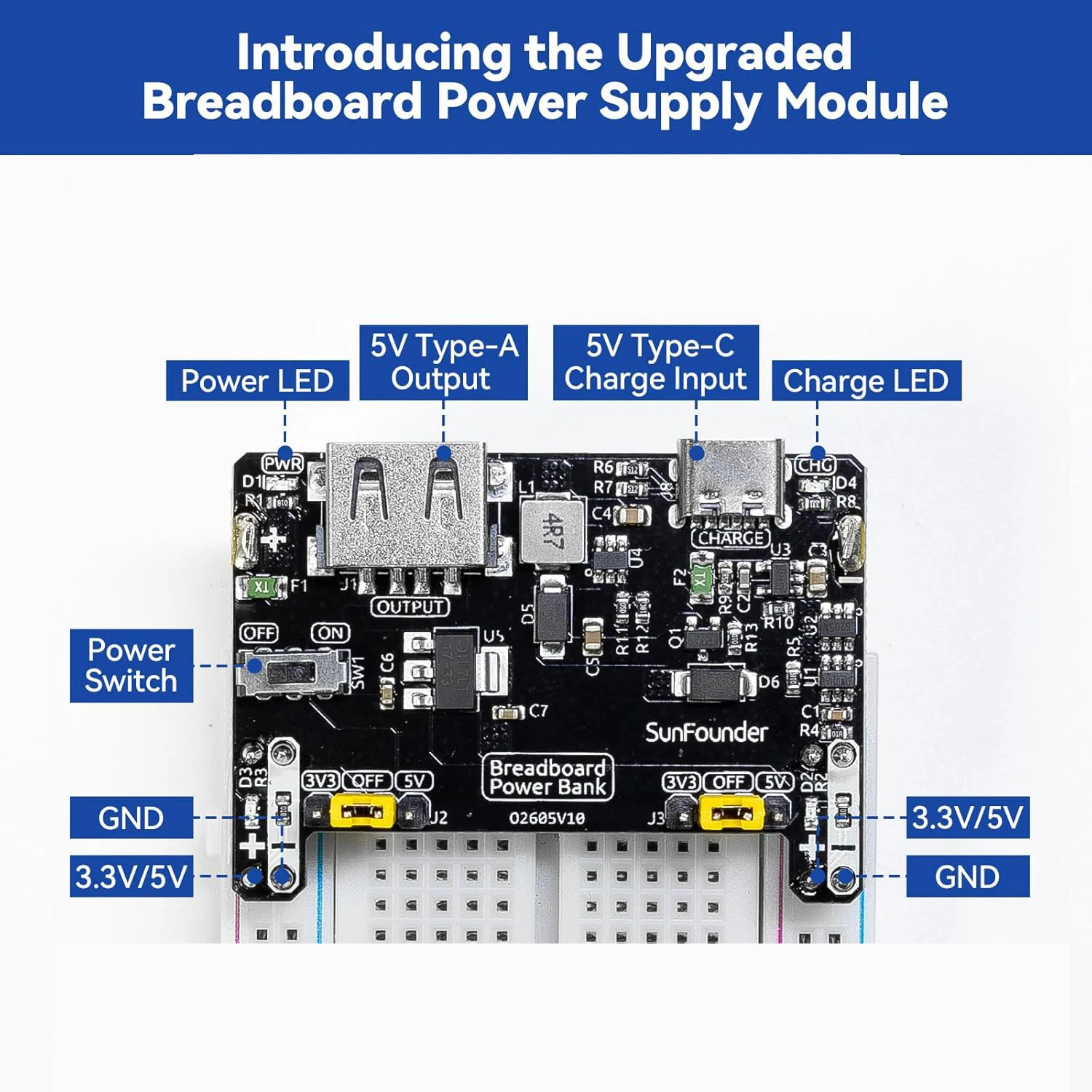 Picture 3: SunFounder BreadVolt Breadboard Power Supply Module Compatible with Arduino, Raspberry Pi, Pico W, ESP32