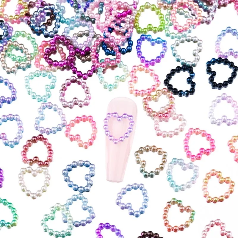 100Pcs Pearl Heart Nail Art Charms 11mm 3D Hollow Love Heart Nails Parts Luxury Jewelry for Manicure DIY Decorations Accessories