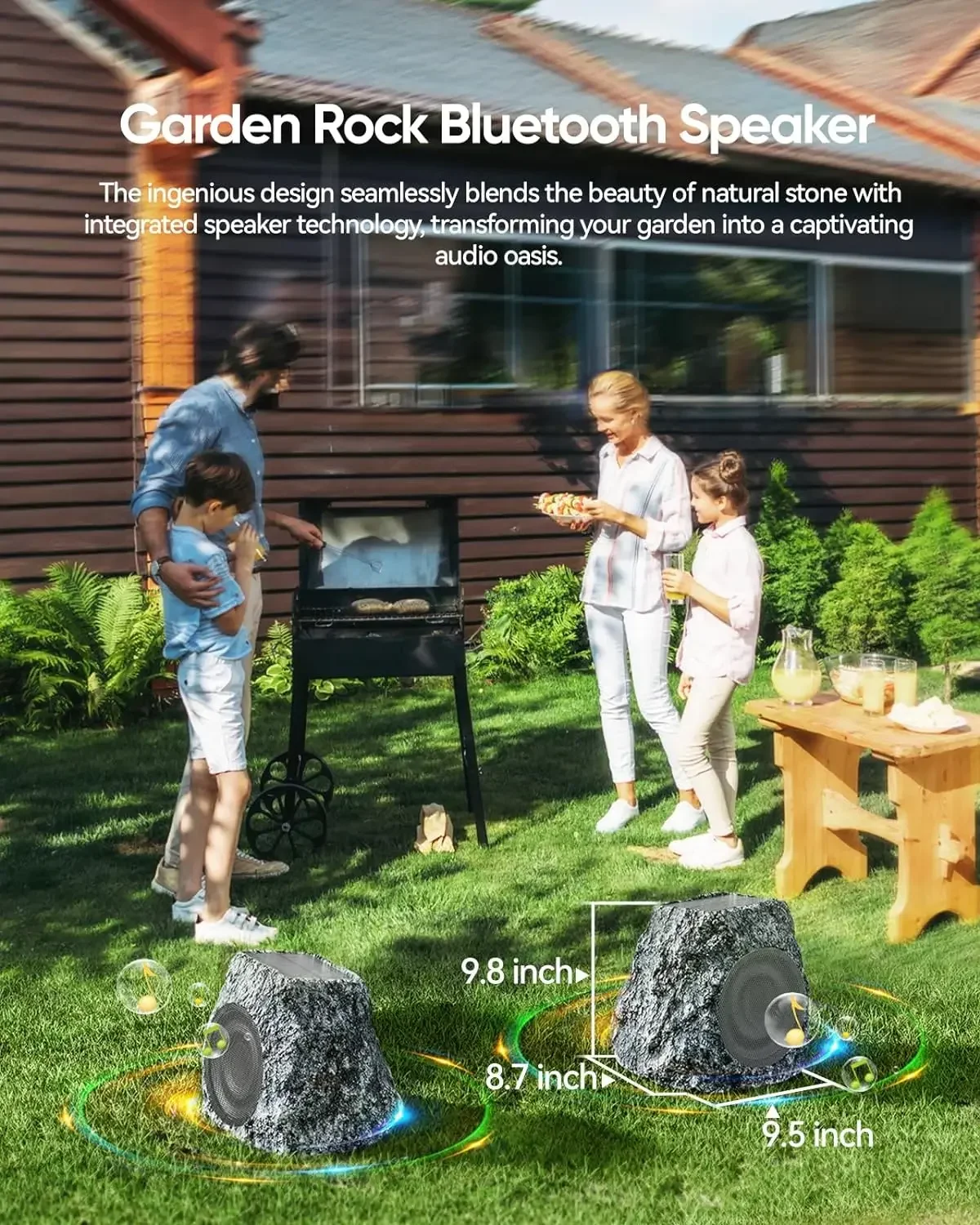 

Outdoor Rock Solar Powered TWS Two Speakers 60W Deep Bass IPX7 Waterproof Wireless Connectivity Weatherproof Design Pool Deck