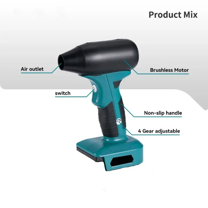 Ventilador turbo elétrico sem escova, 4 engrenagens, violento, secador de carro, pistola de ar portátil, soprador para bateria makita de 18v