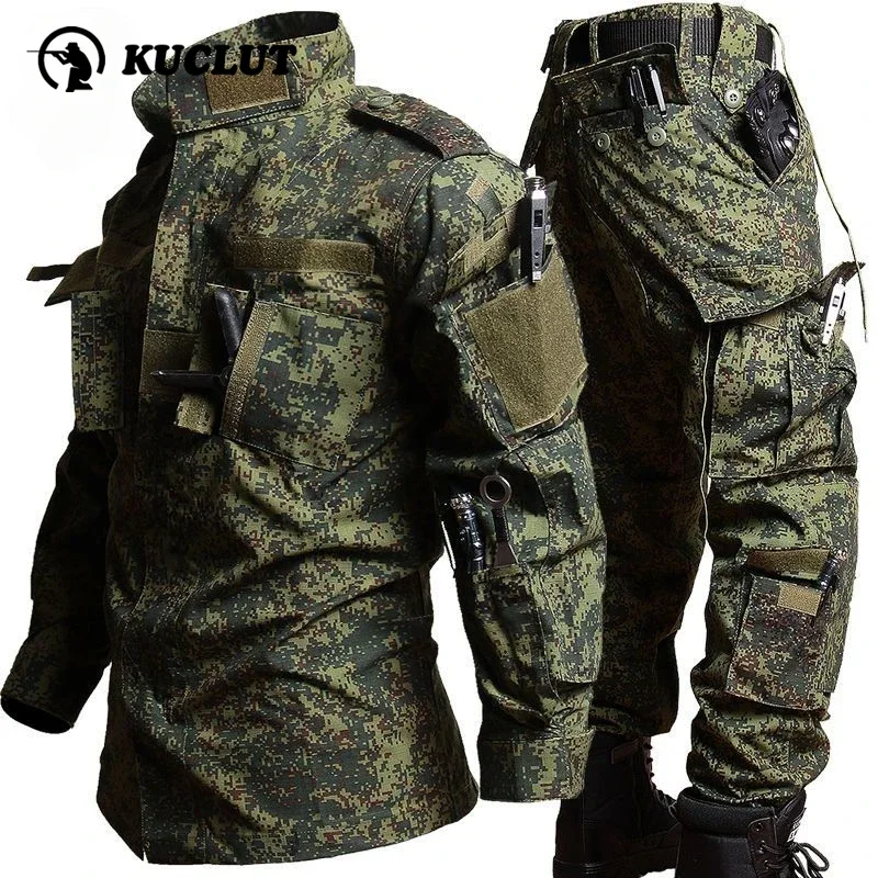 Primavera masculino conjunto ao ar livre resistente ao desgaste tático camuflagem terno de treinamento multi bolso magro topos caça calças trabalho 2 peças