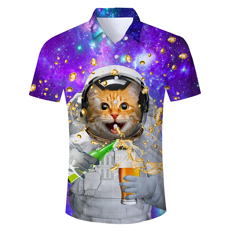 Camisetas hawaianas con estampado 3D de gato divertido para hombre, camisa de playa informal de manga corta con botones, vestido Aloha, ropa de verano