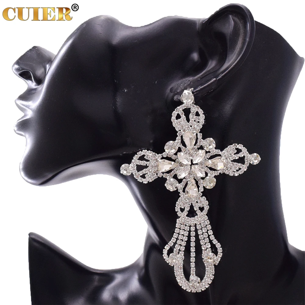 CUIER 9.7CM Exquisite Rhinestone Cross Drop Earring for Women Gift Jewelry Big Size Earrings fro Bridal