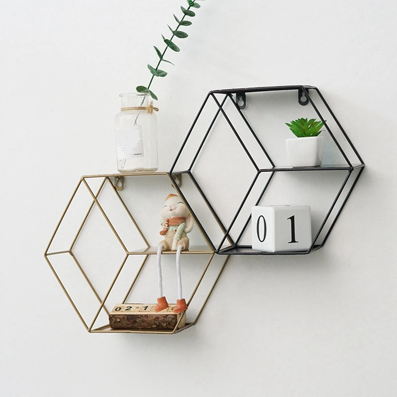 Wall Shelf Hexagonal Metal Wall Storage Rack Shelves With Wooden Board Display Racks Kitchen Room Home Decor