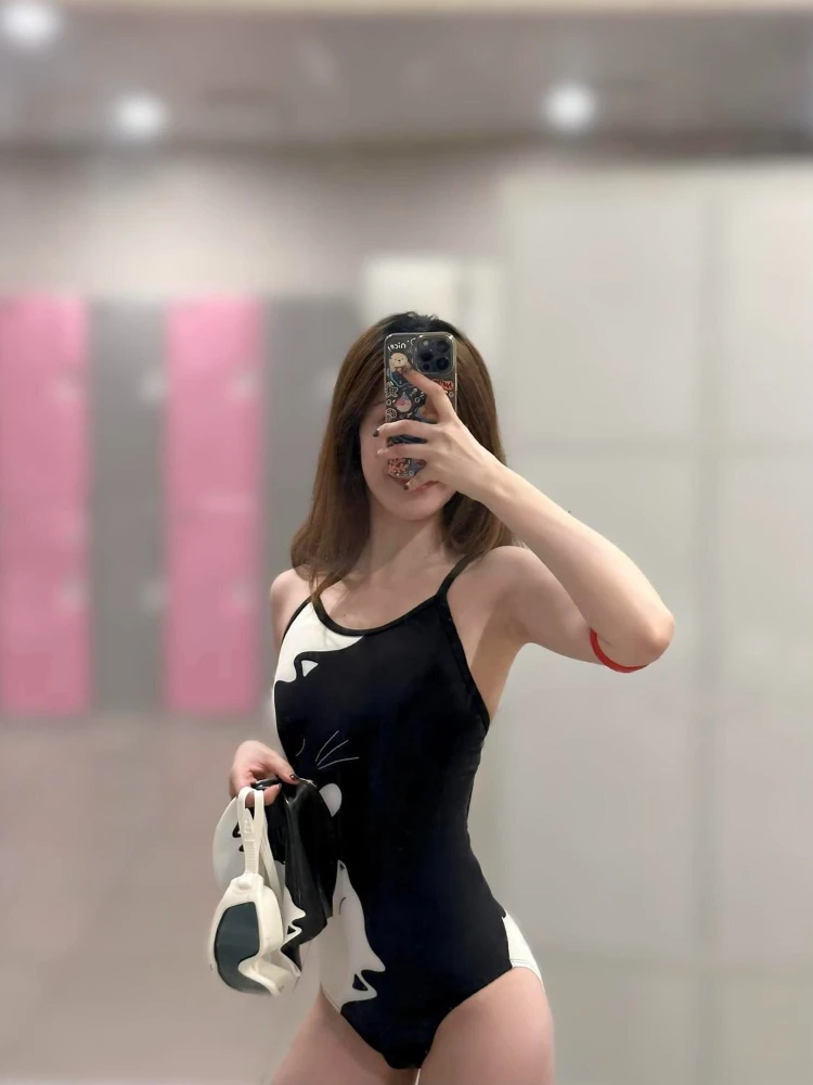 Black White Kitten Print Women's One Piece Swimsuit Racerback Racing Swimwear Thin Strap Professional Training Bathing Suit view 5