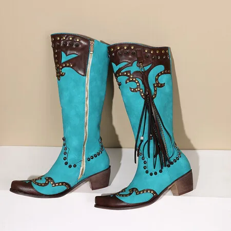

Colorblock Embroidered Knee-High Boots Large Size Tassel Mid-Calf Botines Vintage Rivet Side Zippers Botas Femininas
