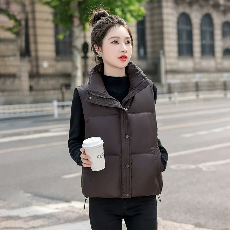 Autumn Winter New Korean Version of Foreign Air Loose Stand Collar Cotton Vest for Women Short Drawstring Thickened Vest Coat