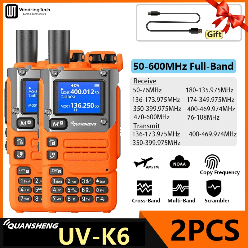 2PCS UV K6 QuanSheng Walkie Talkie 5W Air Band Orange UVK58 50-600MHz UHF VHF USB Type-C DTMF FM/AM Frequency Copy Two Way Radio