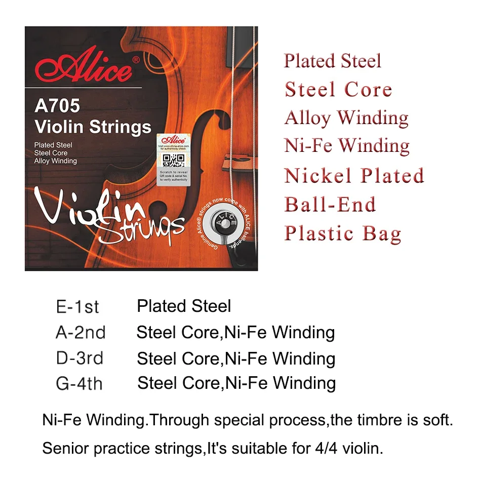 Alice A705 Violin Strings Set Stainless Steel Coated Steel Core Ni-Fe Winding 4 Strings for 4/4,3/4,1/2,1/4,1/8