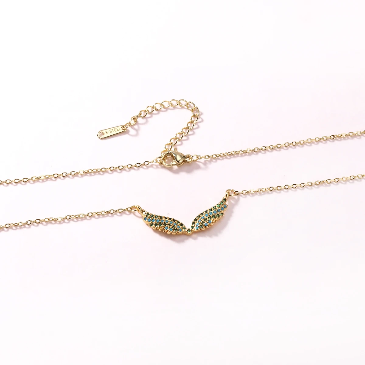 Engelsflügel-Halskette Vollbesetzt mit Zirkonia Feder-Anhänger Edelstahlkette Gold Silber Mehrfarbig Türkis Rosa Kristall Choker – Detail 8