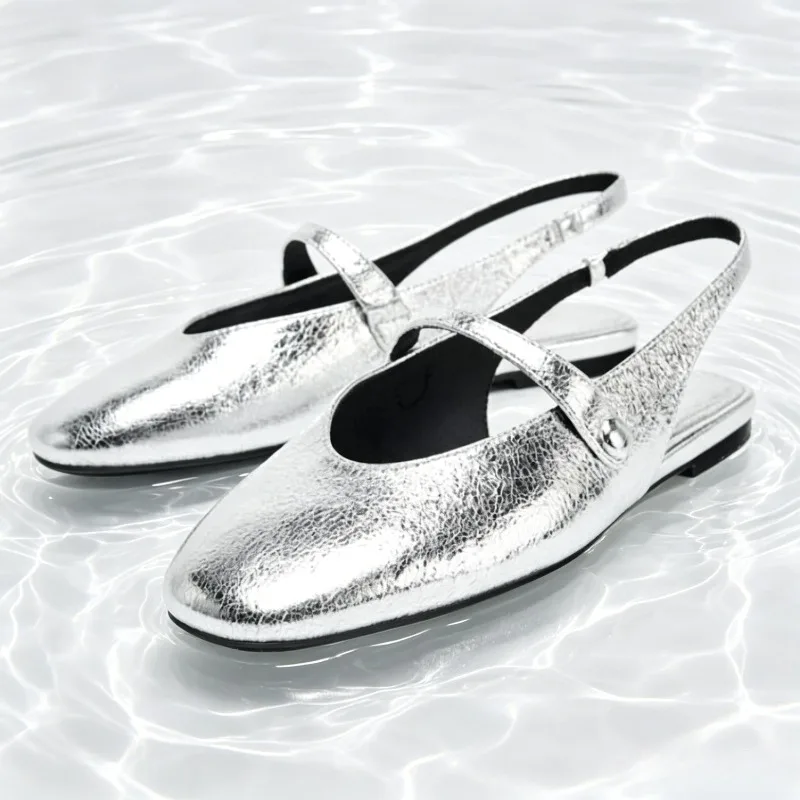 Sexy Gold Metallic Pattern Slingback Ballet Flats Women Fashion Round Toe Buckle Mary Jane Shoes Luxury Designer Flat Sandals