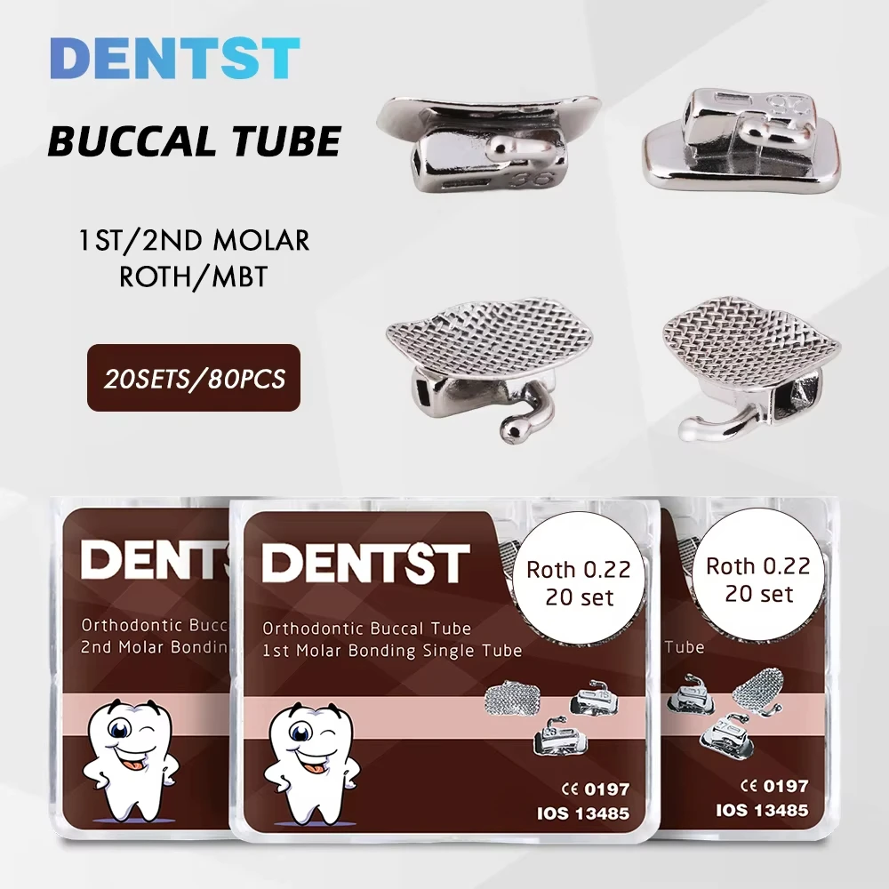 

Dental Orthodontic Tubes Non-Convertible Bonding 1st 2nd Molar 20Sets/80pcs Buccal Tube Mesh Base Single Tube