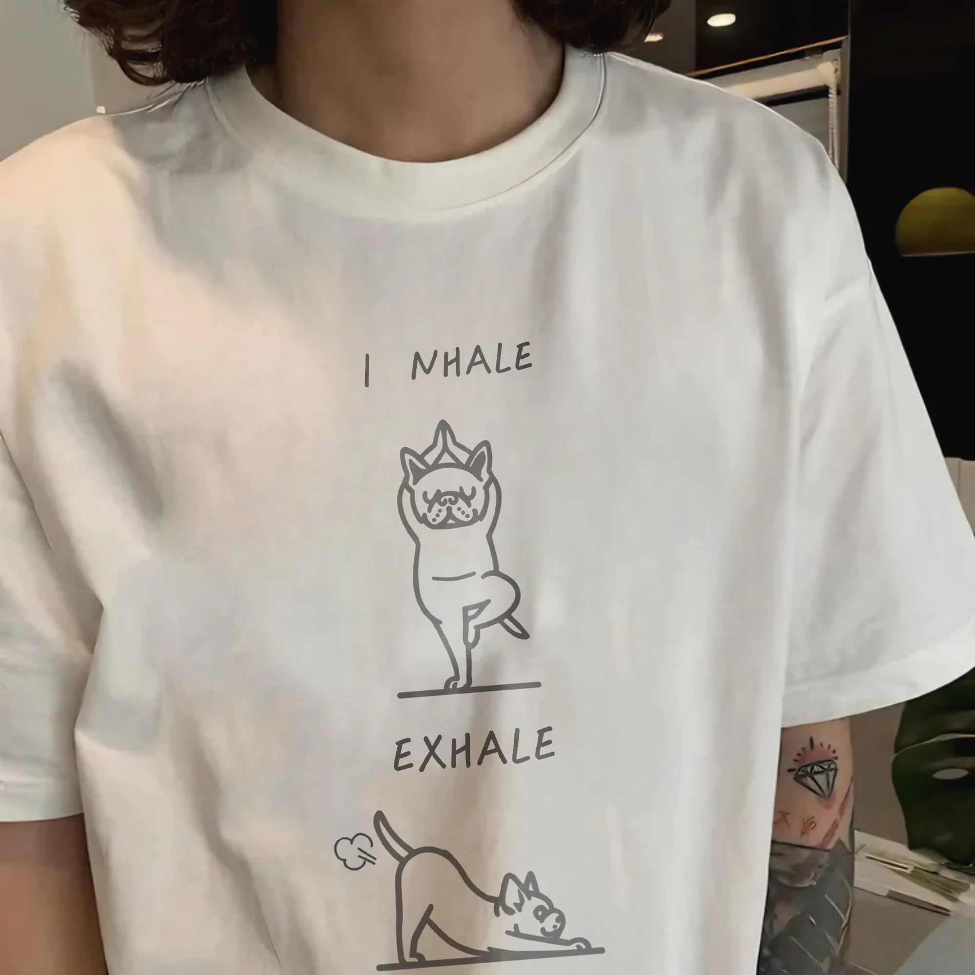 Creative Yoga Dog Farting Pattern Pure Cotton Short Sleeve T-Shirt round Neck Summer Couples Unisex Breathable Casual Tee