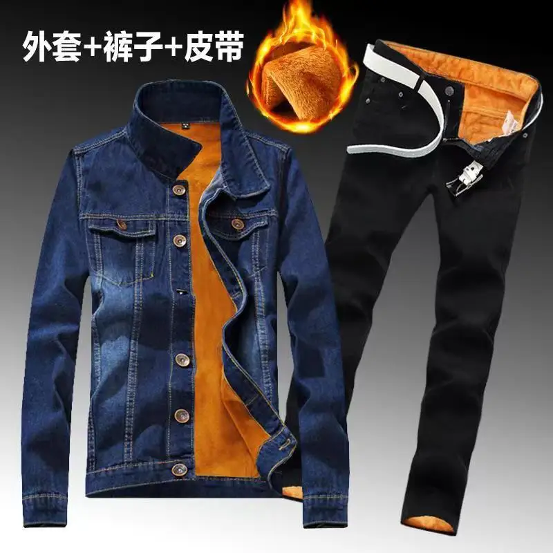 Winter Men Fleece Lining Thick Warm Denim Two Piece Set Slim Fit Cowbody Jacket Jeans Suit Cargo Sets