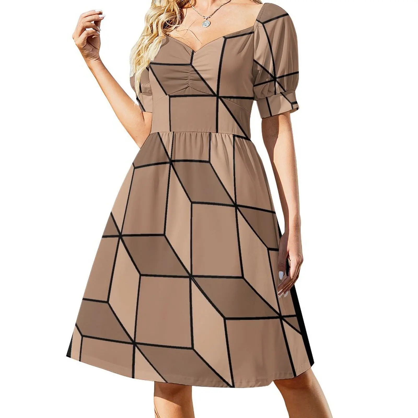 Large escher squares in coffee Short-Sleeved Dress clothes for women Dress for girls Bridesmaid dress woman Women's summer suit