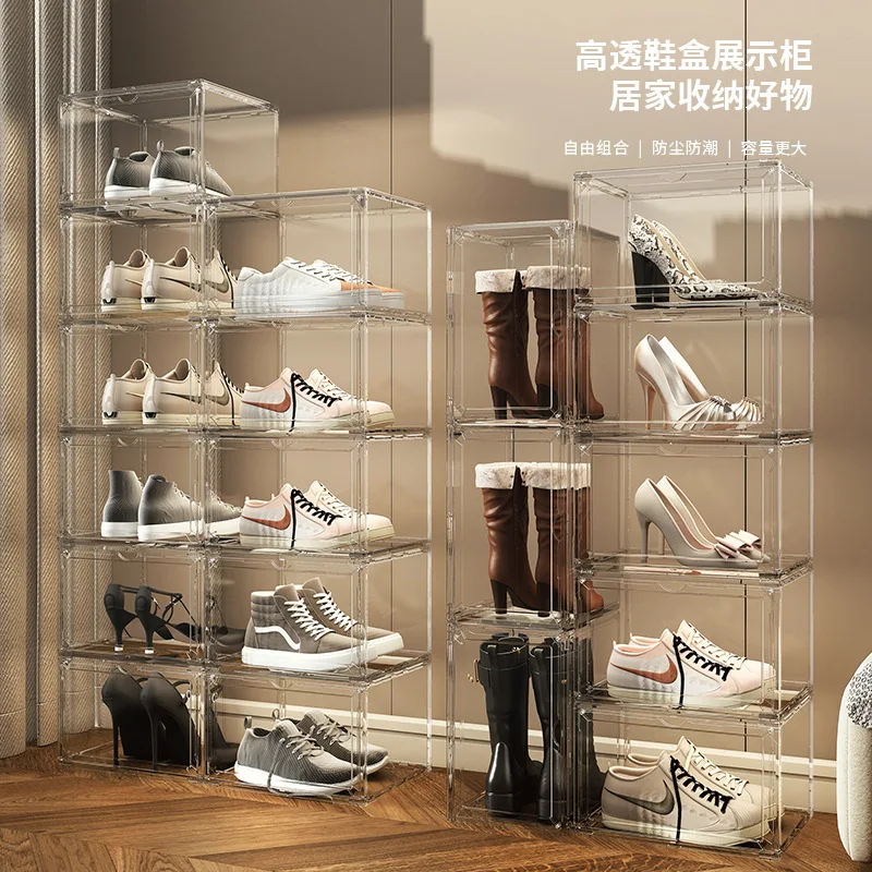 Transparent magnetic side-opening multi-layer bag and shoe PET storage box dust-proof drawer-type display cabinet