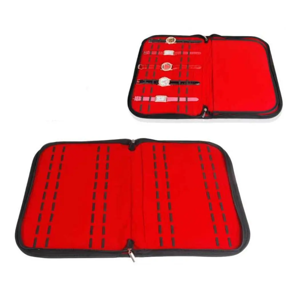 20 Slot Portable Watch Strap Organizer Leather Flannel Watch Travel Case Pouch Black Red Multi-function Watch Storage Bag